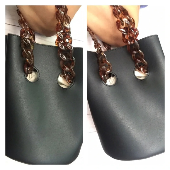 Steve Madden Faux Leather Black Bucket With Acrylic Chain + A Pouch Handbag BNWT - Picture 7 of 8